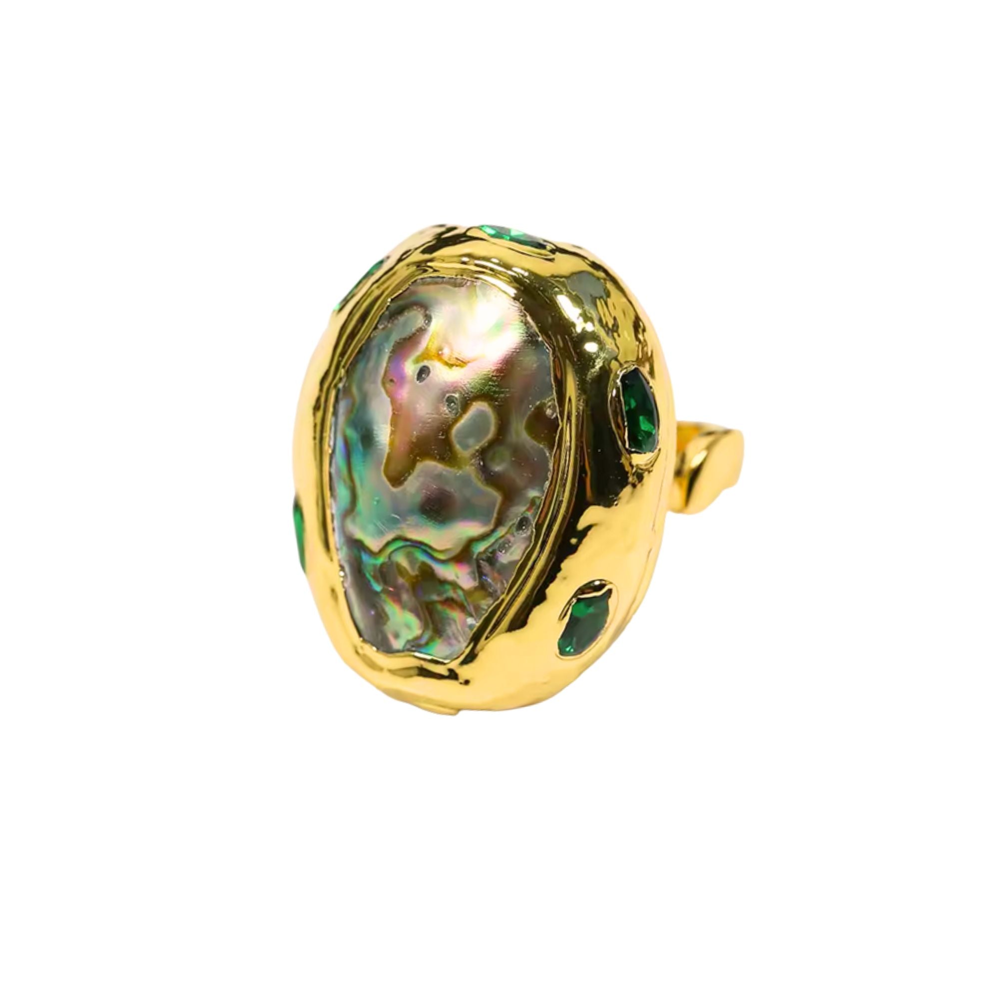 MizDragonfly Jewelry Tulum Vintage Green Abalone Gold Cocktail Ring Side