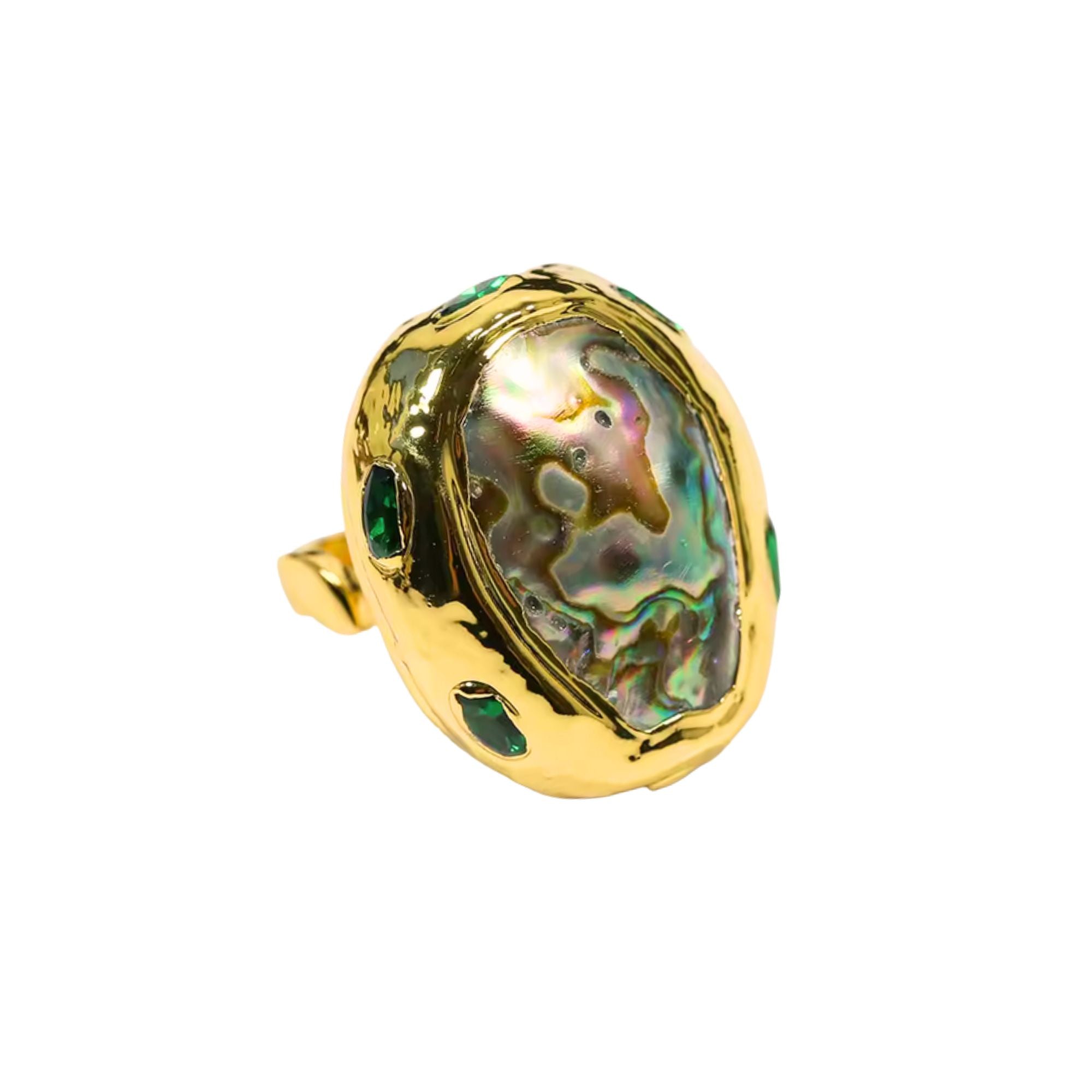 MizDragonfly Jewelry Tulum Vintage Green Abalone Gold Cocktail Ring