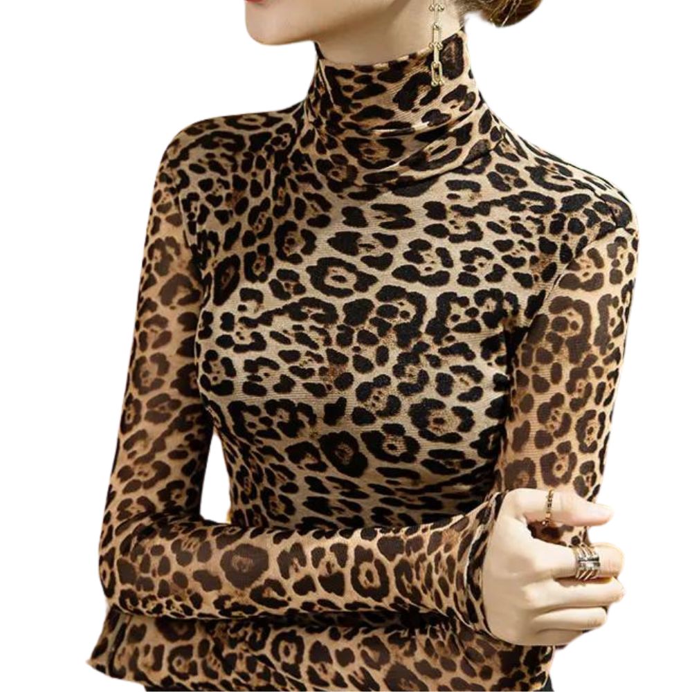 Frolik Leopard Neutral Mesh Mock Neck Thin Long Sleeve Top MizDragonfly