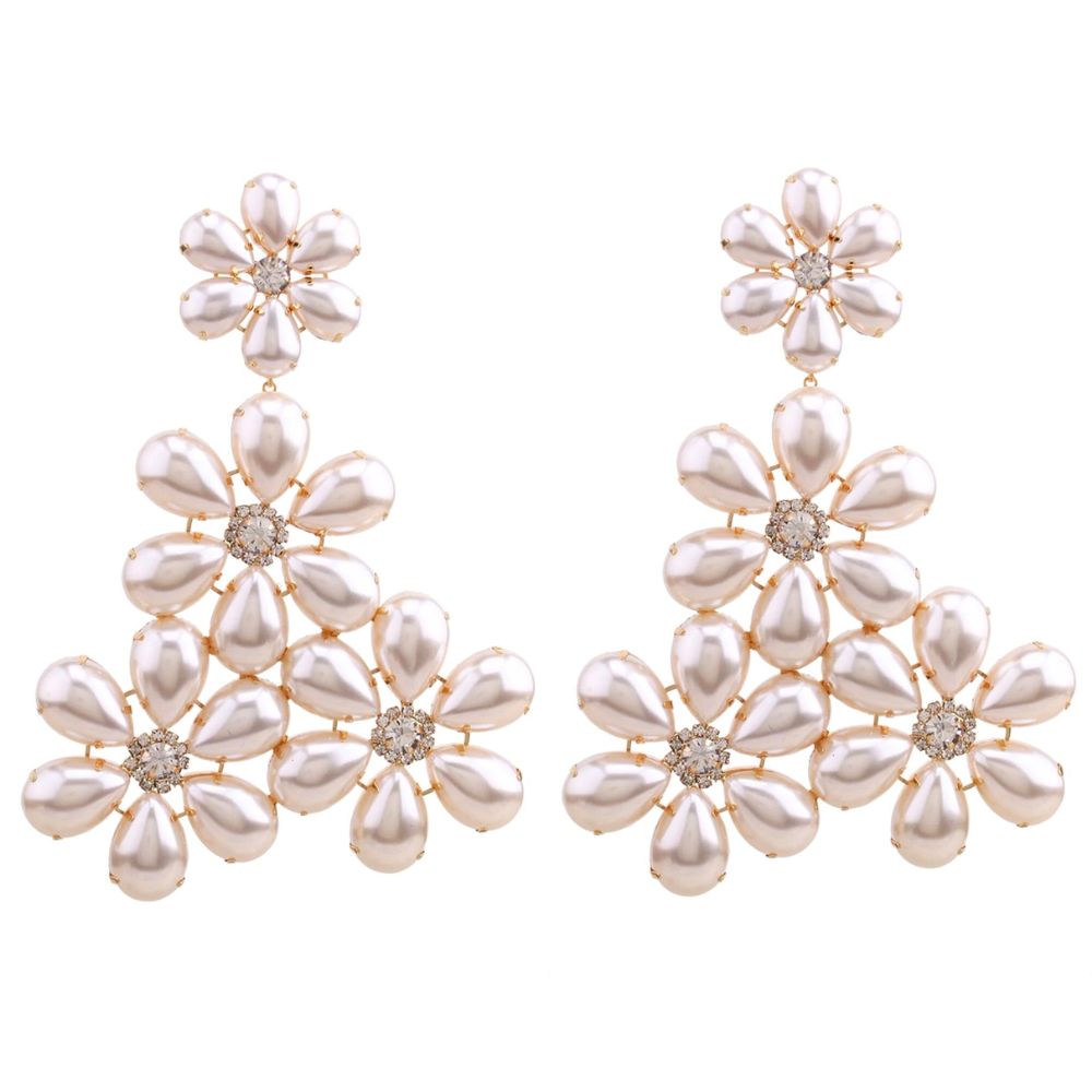 MizDragonfly Jewelry Mayfair Cream Flower Crystal Faux Pearls Statement Earrings