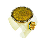 MizDragonfly Jewelry Napoleon Vintage Gold Coin Rhinestone White Lucite Bracelet Angle