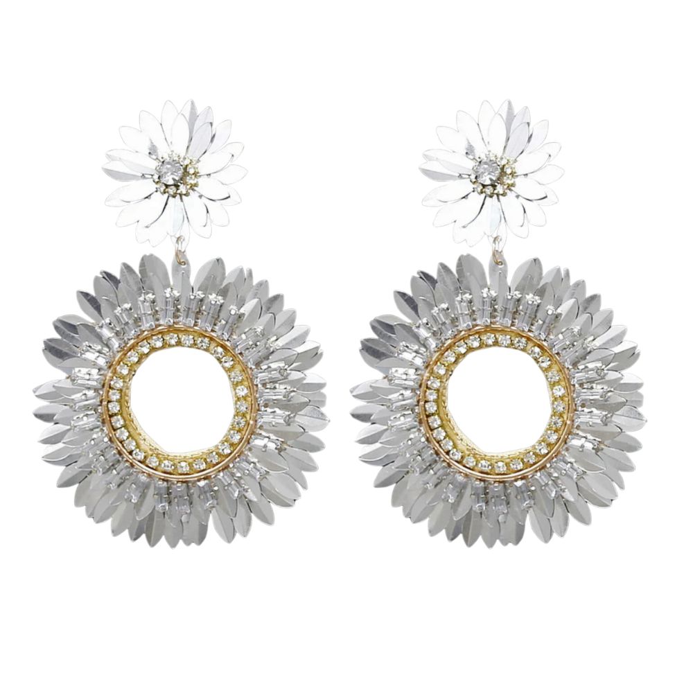 MizDragonfly Jewelry Silver Marguerite Rhinestones Sequin Drop Earrings