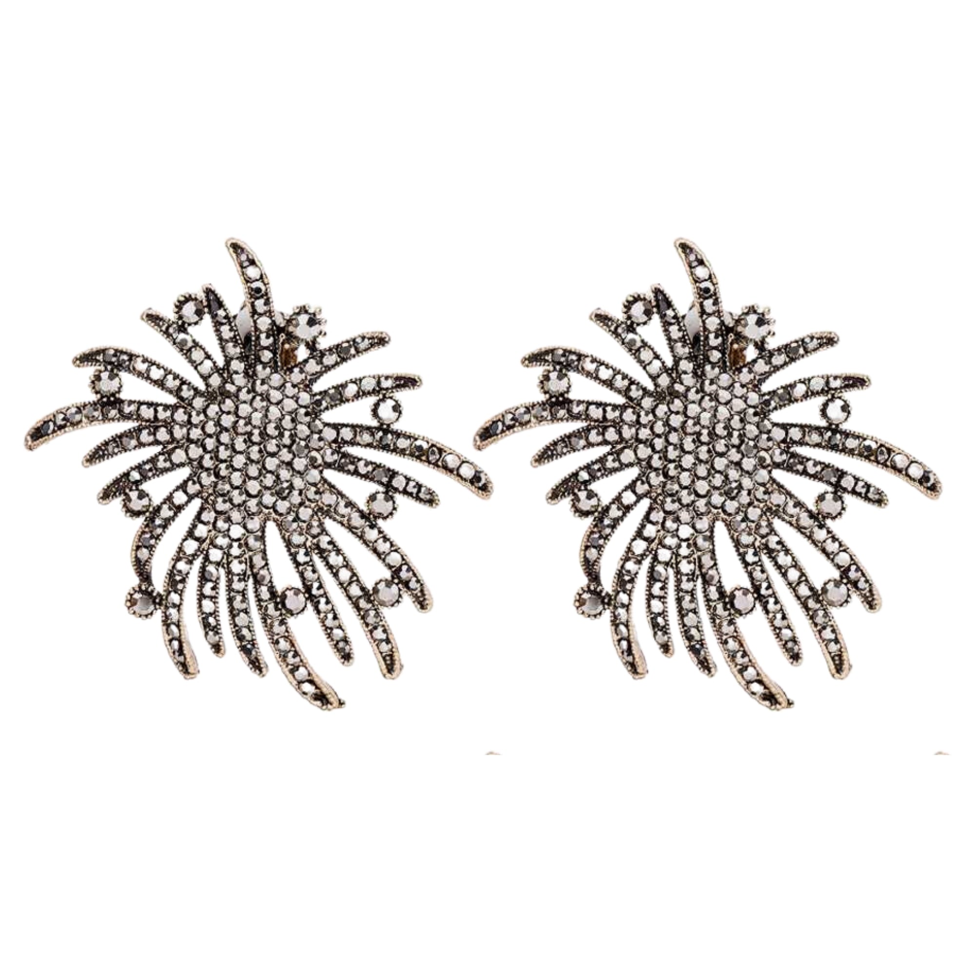 MizDragonfly Jewelry Firework Hematite Rhinestones Clip-on Stud Earrings
