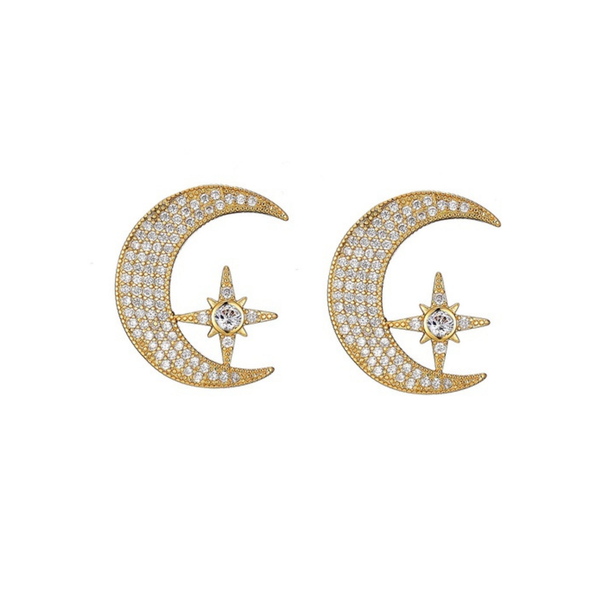 Products Heaven Gold Moon Star Rhinestone Stud Earrings