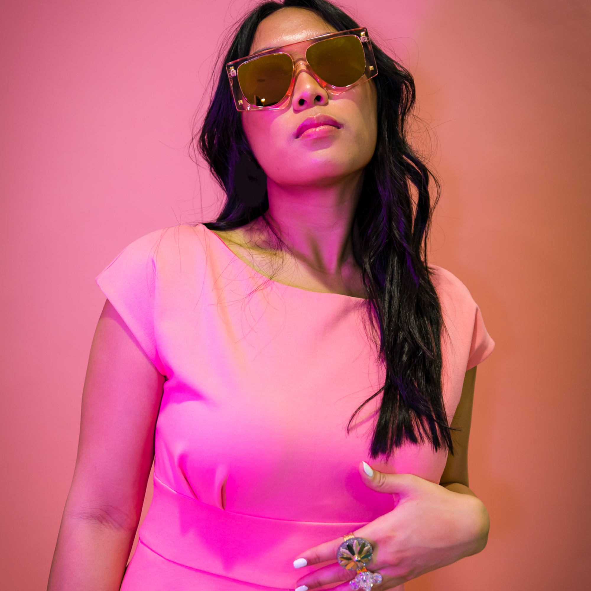 MizDragonfly Jewelry Pink Shield Ryder Sunglasses Model