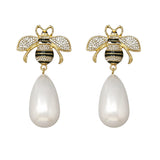 MizDragonfly Luxembourg Gold Black Bee Rhinenestone Pearl Drop Earrings