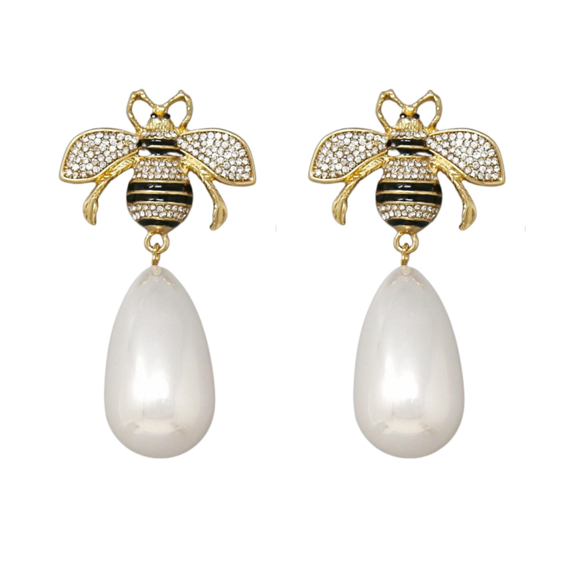 MizDragonfly Luxembourg Gold Black Bee Rhinenestone Pearl Drop Earrings