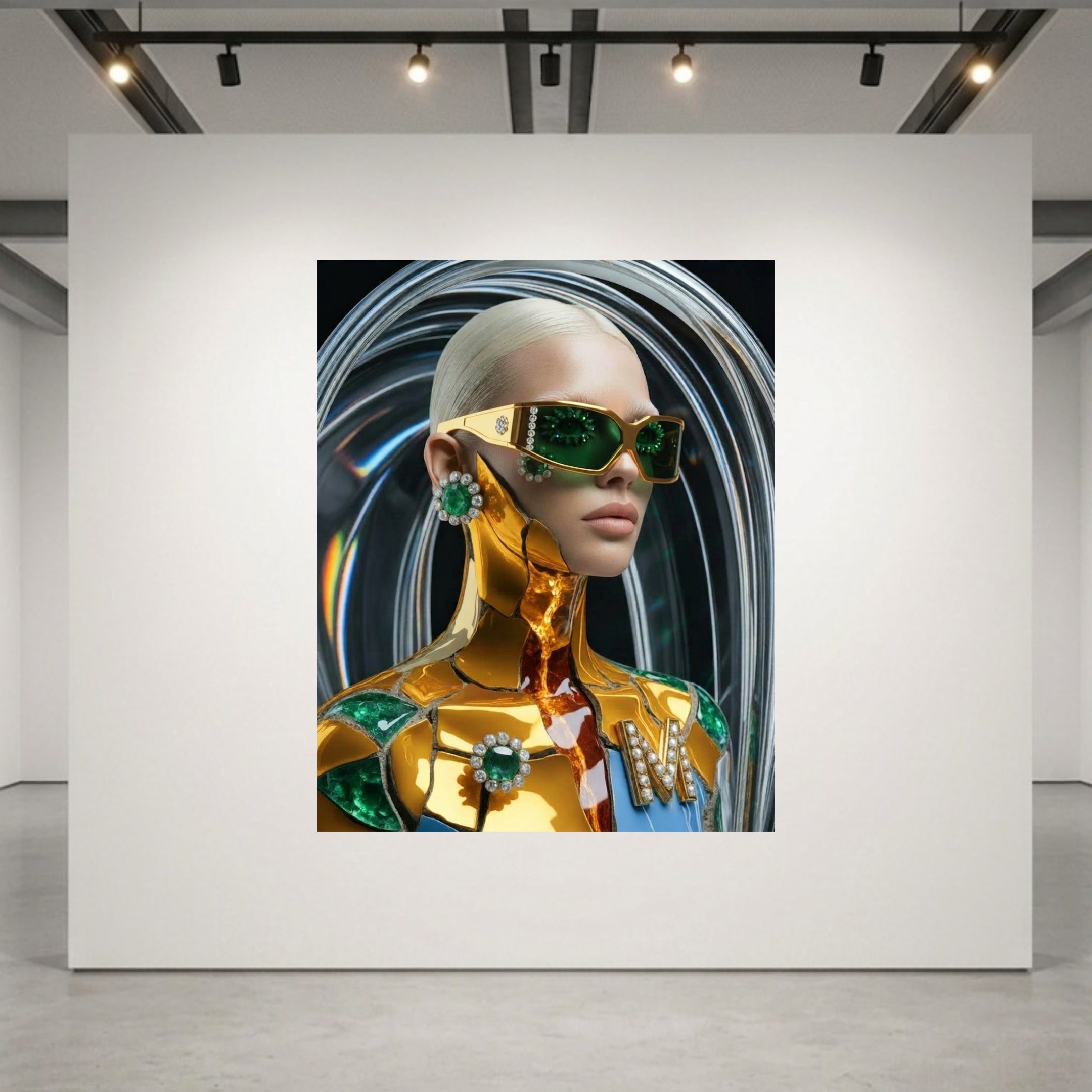 A large square wall art print displayed in a gallery or studio space. The artwork shows a stylized portrait of a person with platinum-blonde hair, metallic Kintsugi style gold armour, and green emeralds and white diamonds embellishments against a dark abstract background with swirling light effects.