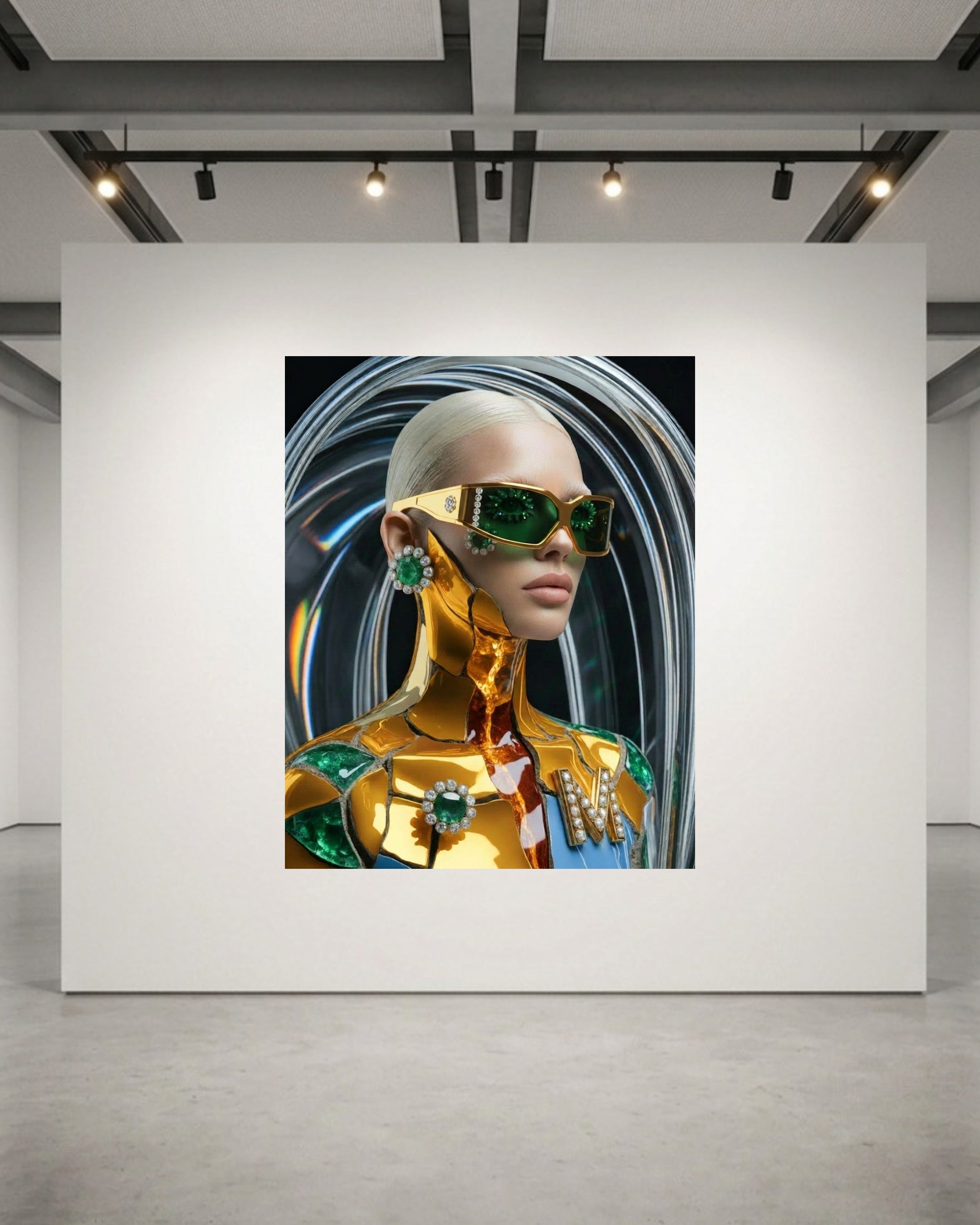 A large square wall art print displayed in a gallery or studio space. The artwork shows a stylized portrait of a person with platinum-blonde hair, metallic Kintsugi style gold armour, and green emeralds and white diamonds embellishments against a dark abstract background with swirling light effects.