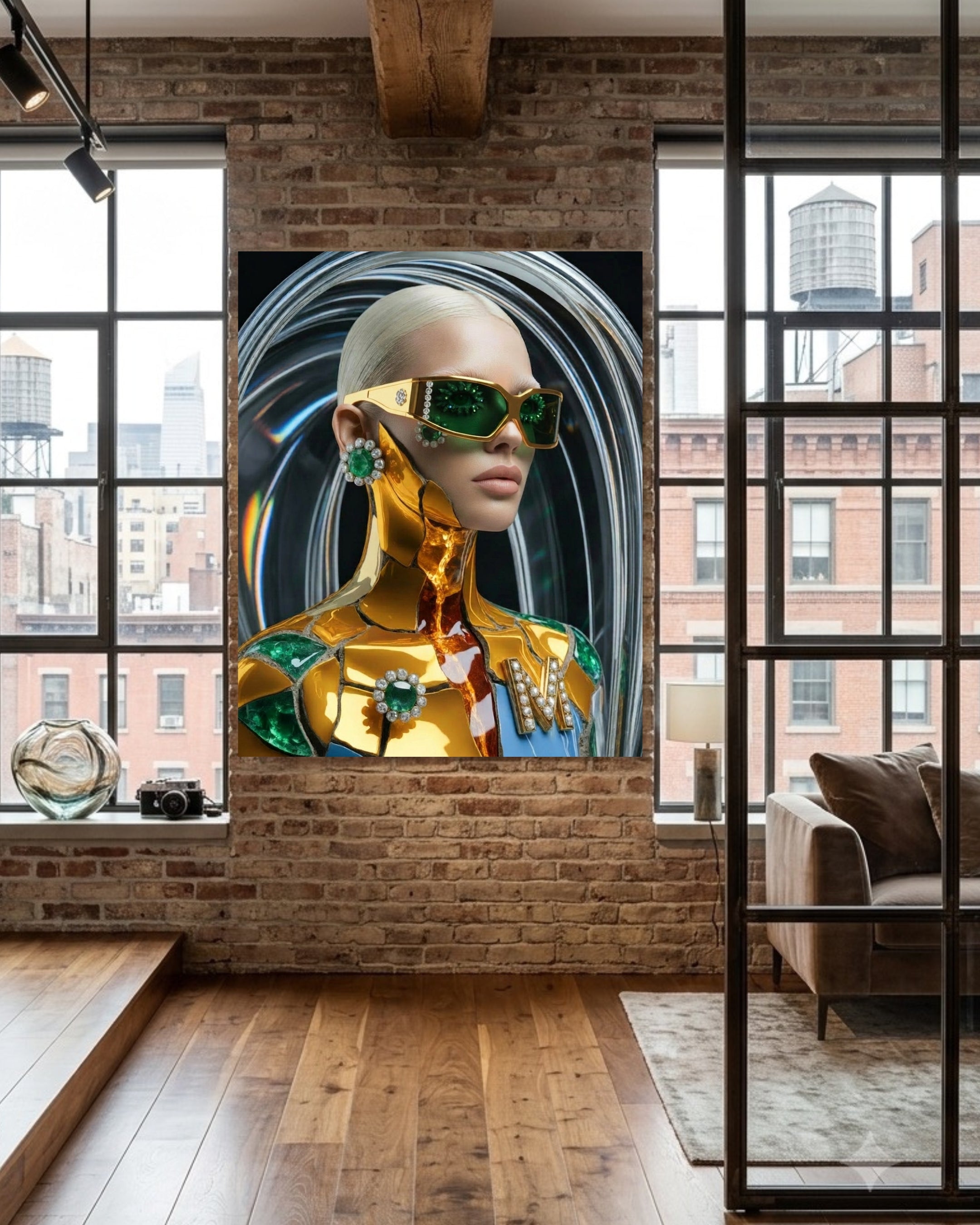 A large vertical canvas print of a futuristic woman in a gold Kintsugi style bodysuit and green sunglasses, with emeralds and diamonds embellishments displayed on a brick wall in a modern loft room with wood floors and windows.