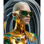 A close-up portrait of a model with platinum blonde hair wearing a gilded bodice with kintsugi molten veins. The models wear ornate gold sunglasses with green lenses, matching green and gold jewelry, and set in a highly reflective glass vitrine against a dark circular studio background.