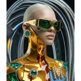 A close-up portrait of a model with platinum blonde hair wearing a gilded bodice with kintsugi molten veins. The models wear ornate gold sunglasses with green lenses, matching green and gold jewelry, and set in a highly reflective glass vitrine against a dark circular studio background.