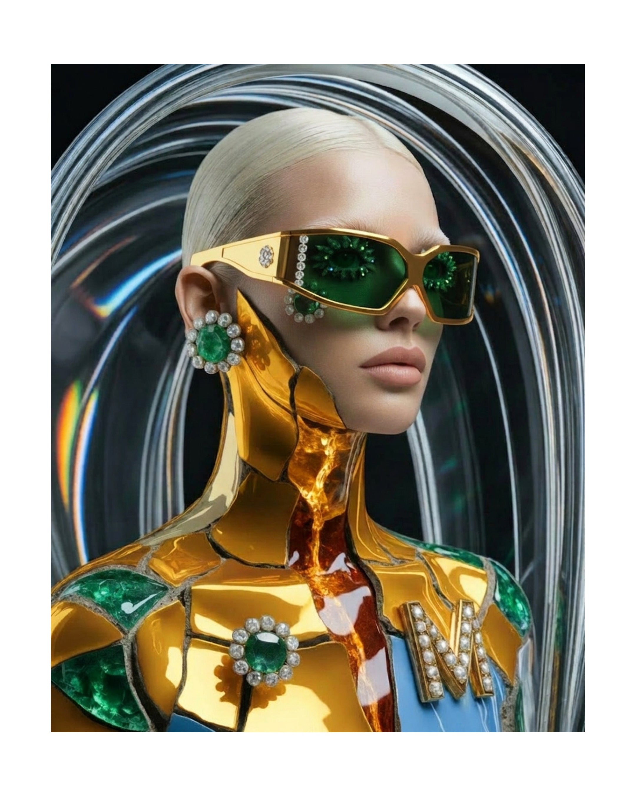 A close-up portrait of a model with platinum blonde hair wearing a gilded bodice with kintsugi molten veins. The models wear ornate gold sunglasses with green lenses, matching green and gold jewelry, and set in a highly reflective glass vitrine against a dark circular studio background.