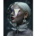 Digital Haute Couture portrait 'Autoportrait' by MizDragonfly, featuring a surreal human subject wearing architectural, triangle-like eyewear, crystalline armour and diamond dragonfly choker necklace and signature 'M' earrings against a dark, moody background