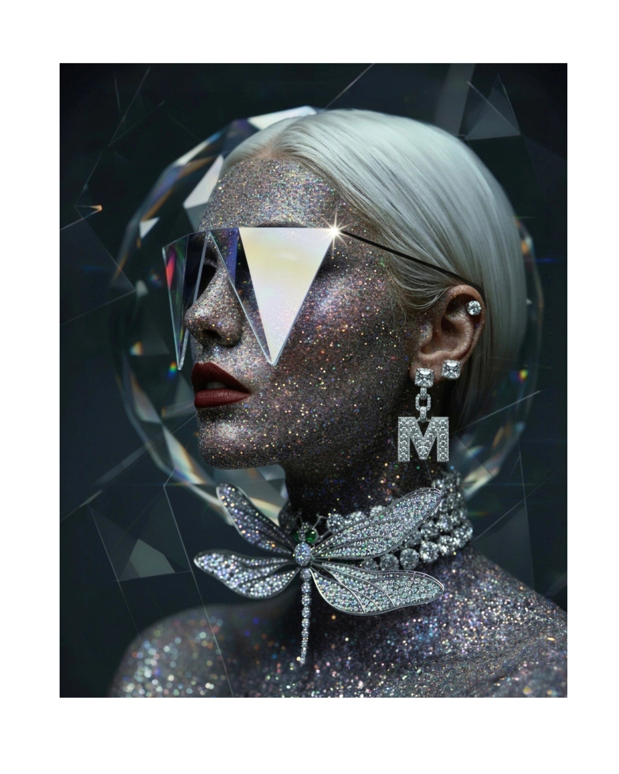 Digital Haute Couture portrait 'Autoportrait' by MizDragonfly, featuring a surreal human subject wearing architectural, triangle-like eyewear, crystalline armour and diamond dragonfly choker necklace and signature 'M' earrings against a dark, moody background