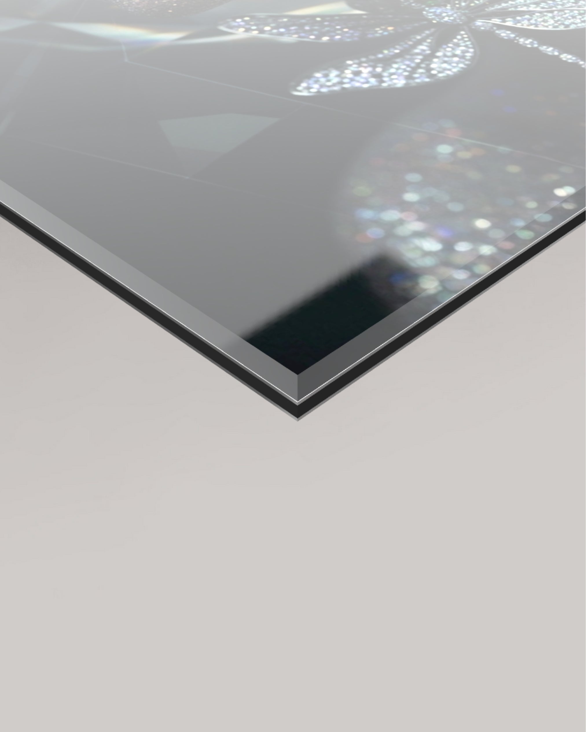 Detailed texture shot of the physical print medium for 'Autoportrait,' emphasizing the high-quality 4mm glass finish and the granular detail of the architectural crystalline formation of the artwork