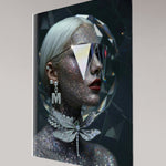Secondary angled perspective of 'Autoportrait' illustrating the contrast between the dark background and the luminous, hyper-refractive 'prism' geometry plus 4mm glass frame