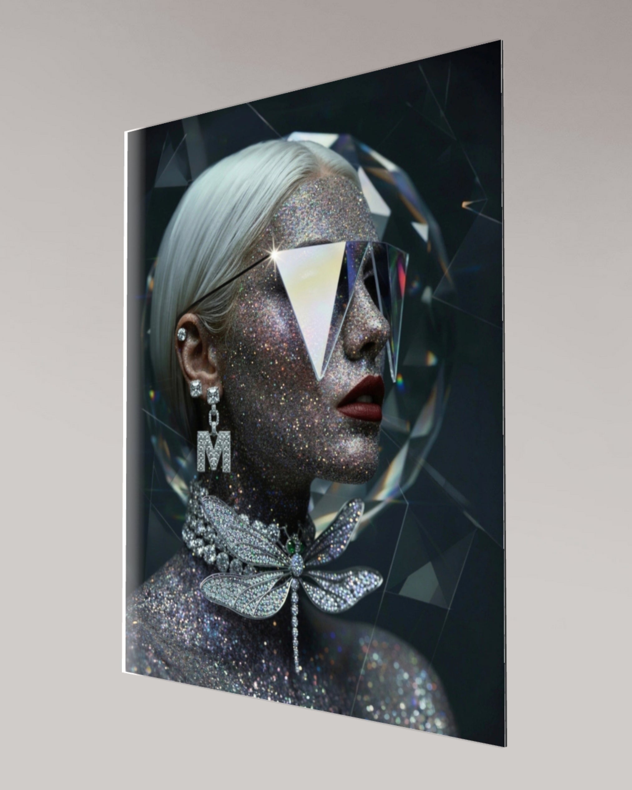 Secondary angled perspective of 'Autoportrait' illustrating the contrast between the dark background and the luminous, hyper-refractive 'prism' geometry plus 4mm glass frame