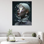 MizDragonfly Anniversary Series Large-scale framed 'Autoportrait' fine art print displayed as a focal piece in a minimalist, modern white living room to showcase the artwork's impact in a high-end interior design wall setting