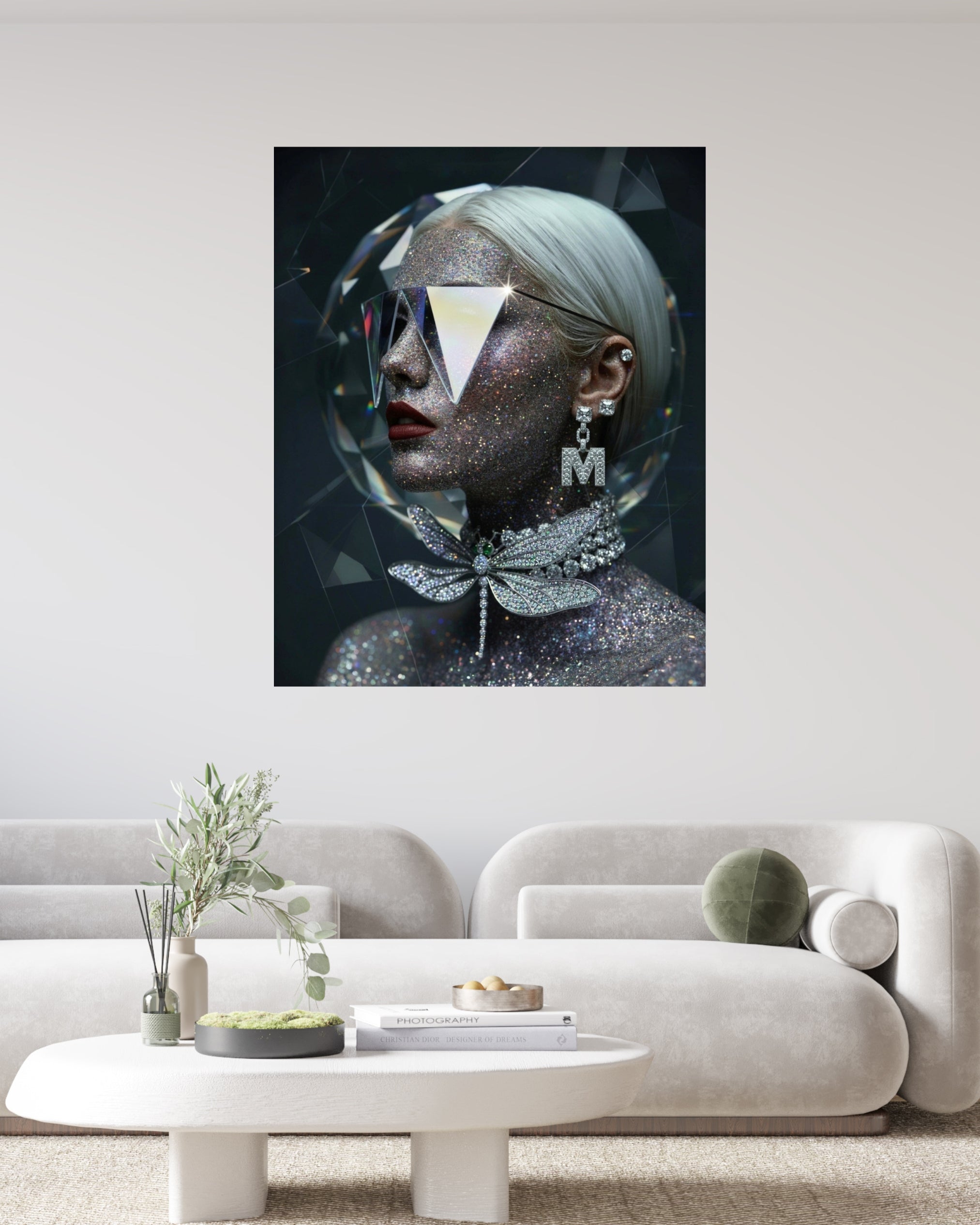 MizDragonfly Anniversary Series Large-scale framed 'Autoportrait' fine art print displayed as a focal piece in a minimalist, modern white living room to showcase the artwork's impact in a high-end interior design wall setting