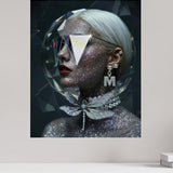 Macro detail of 'Autoportrait' from the MizDragonfly Anniversary Series, highlighting the intricate refractive textures, crystalline facial structures, and avant-garde fashion element including a hyper detailed diamond dragonfly choker