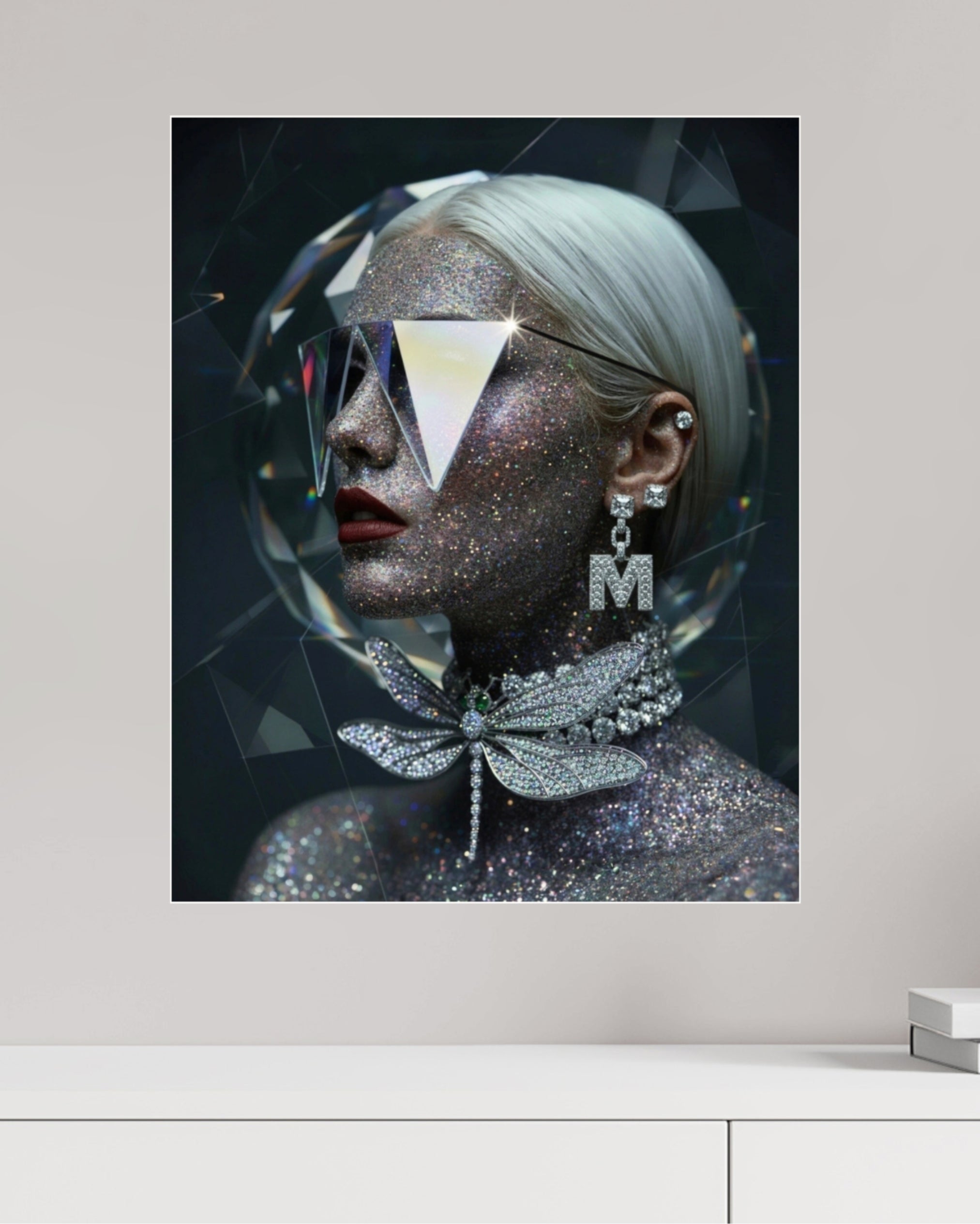 Macro detail of 'Autoportrait' from the MizDragonfly Anniversary Series, highlighting the intricate refractive textures, crystalline facial structures, and avant-garde fashion element including a hyper detailed diamond dragonfly choker