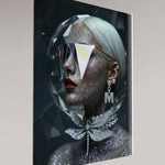 Angled side view of the MIzDragonfly 'Autoportrait' artwork showing the depth and structural surrealism of the crystalline geometries as they wrap around the human form as well as showing the 4mm thickness of the glass frame