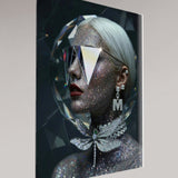 Angled side view of the MIzDragonfly 'Autoportrait' artwork showing the depth and structural surrealism of the crystalline geometries as they wrap around the human form as well as showing the 4mm thickness of the glass frame