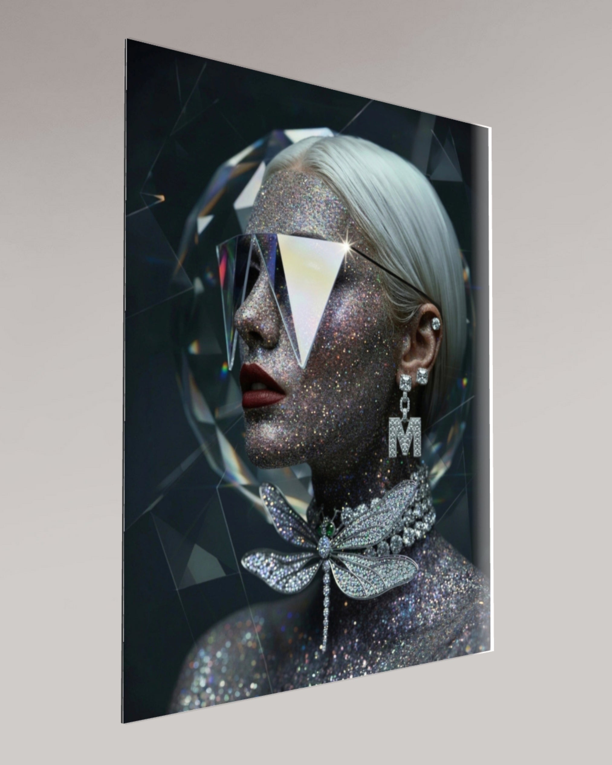 Angled side view of the MIzDragonfly 'Autoportrait' artwork showing the depth and structural surrealism of the crystalline geometries as they wrap around the human form as well as showing the 4mm thickness of the glass frame