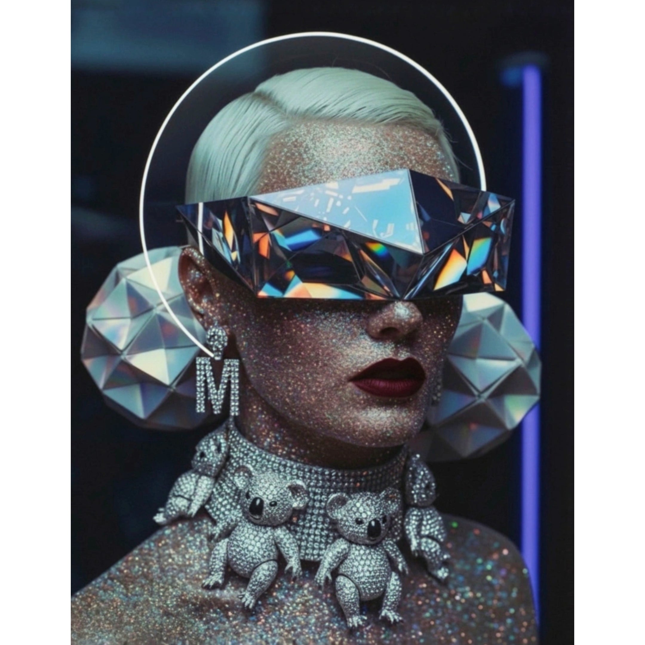Digital Haute Couture portrait 'Exposure' by MizDragonfly, featuring a surreal human subject wearing architectural, prism-like eyewear, crystalline armour and diamond koala choker necklace and signature 'M' earrings against a dark, moody background