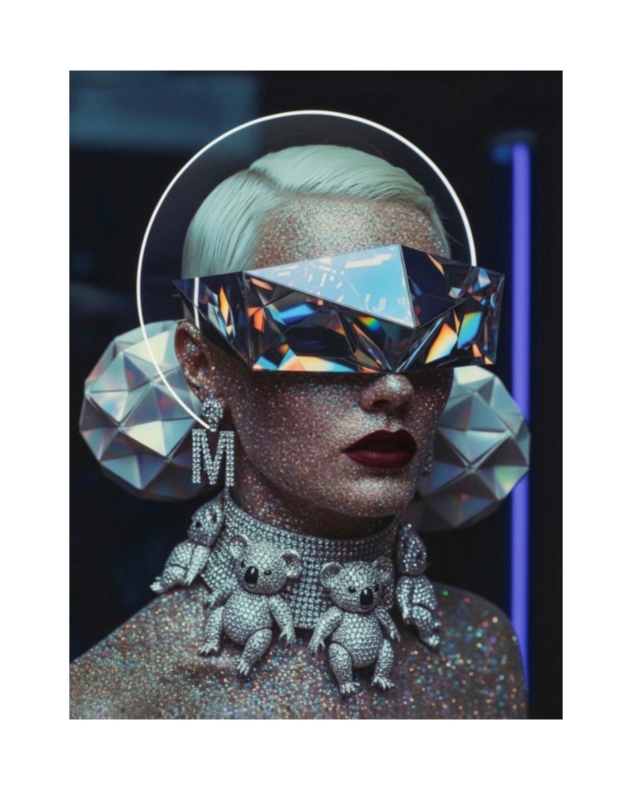 Digital Haute Couture portrait 'Exposure' by MizDragonfly, featuring a surreal human subject wearing architectural, prism-like eyewear, crystalline armour and diamond koala choker necklace and signature 'M' earrings against a dark, moody background