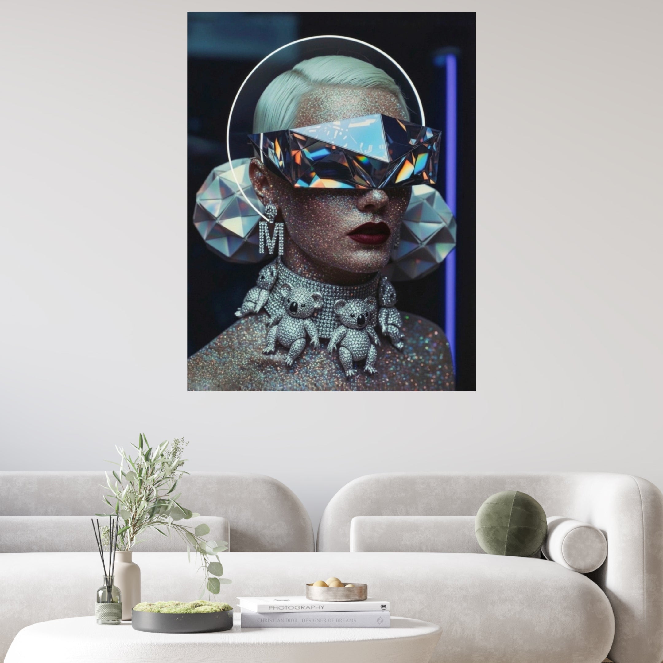 MizDragonfly Anniversary Series Large-scale framed 'Exposure' fine art print displayed as a focal piece in a minimalist, modern white living room to showcase the artwork's impact in a high-end interior design setting