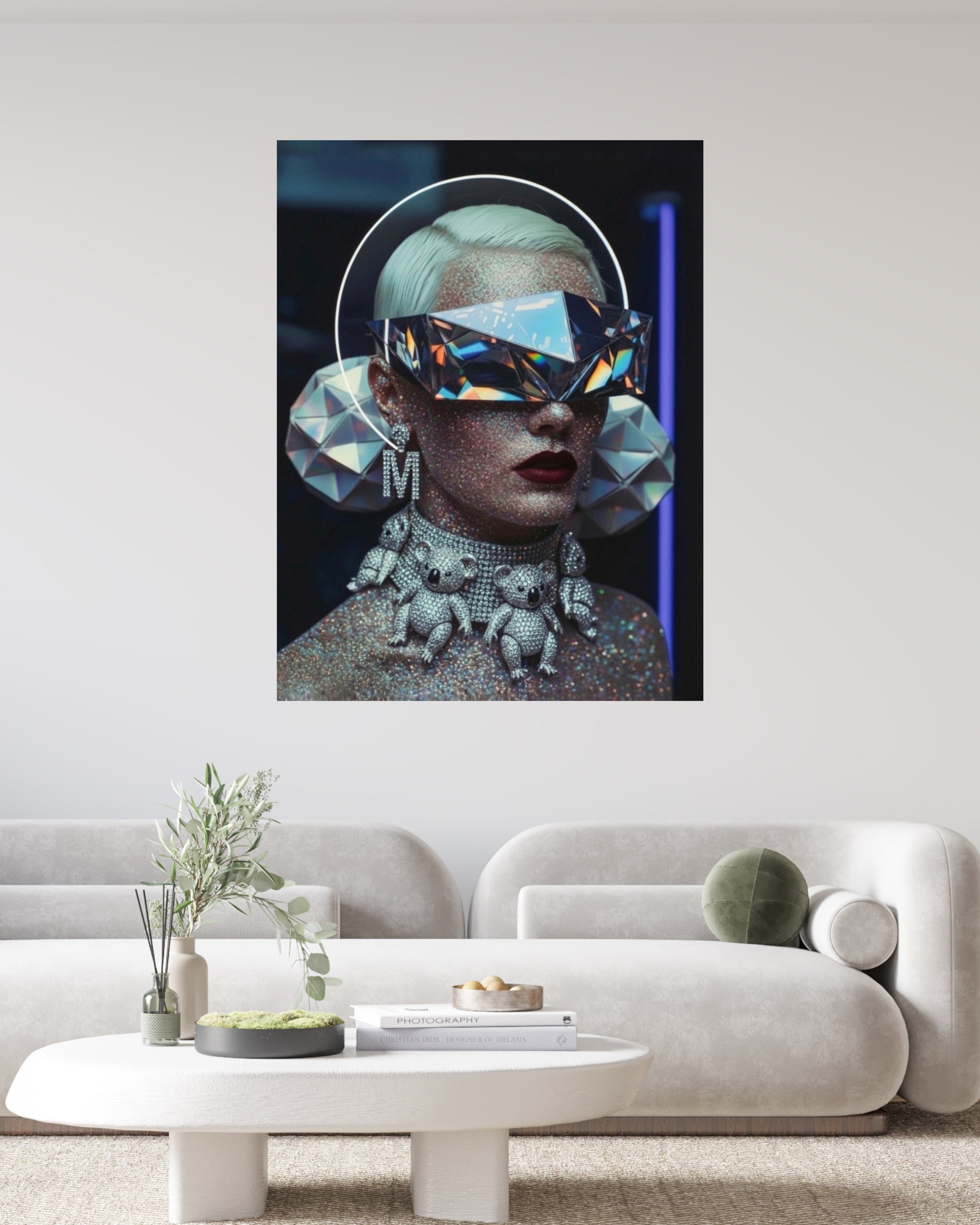 MizDragonfly Anniversary Series Large-scale framed 'Exposure' fine art print displayed as a focal piece in a minimalist, modern white living room to showcase the artwork's impact in a high-end interior design setting