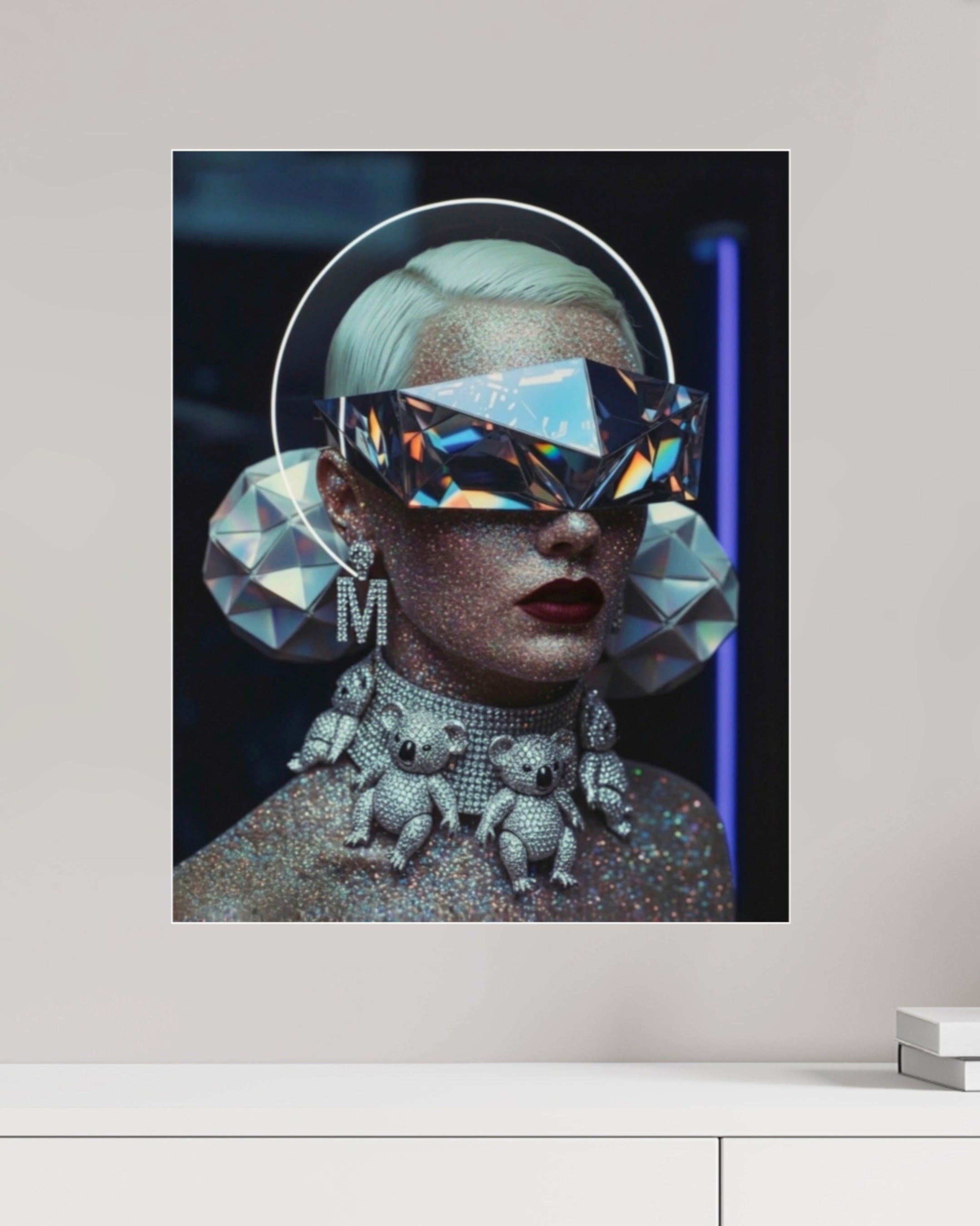 Macro detail of 'Exposure' from the MizDragonfly Anniversary Series, highlighting the intricate refractive textures, crystalline facial structures, and avant-garde fashion element. 