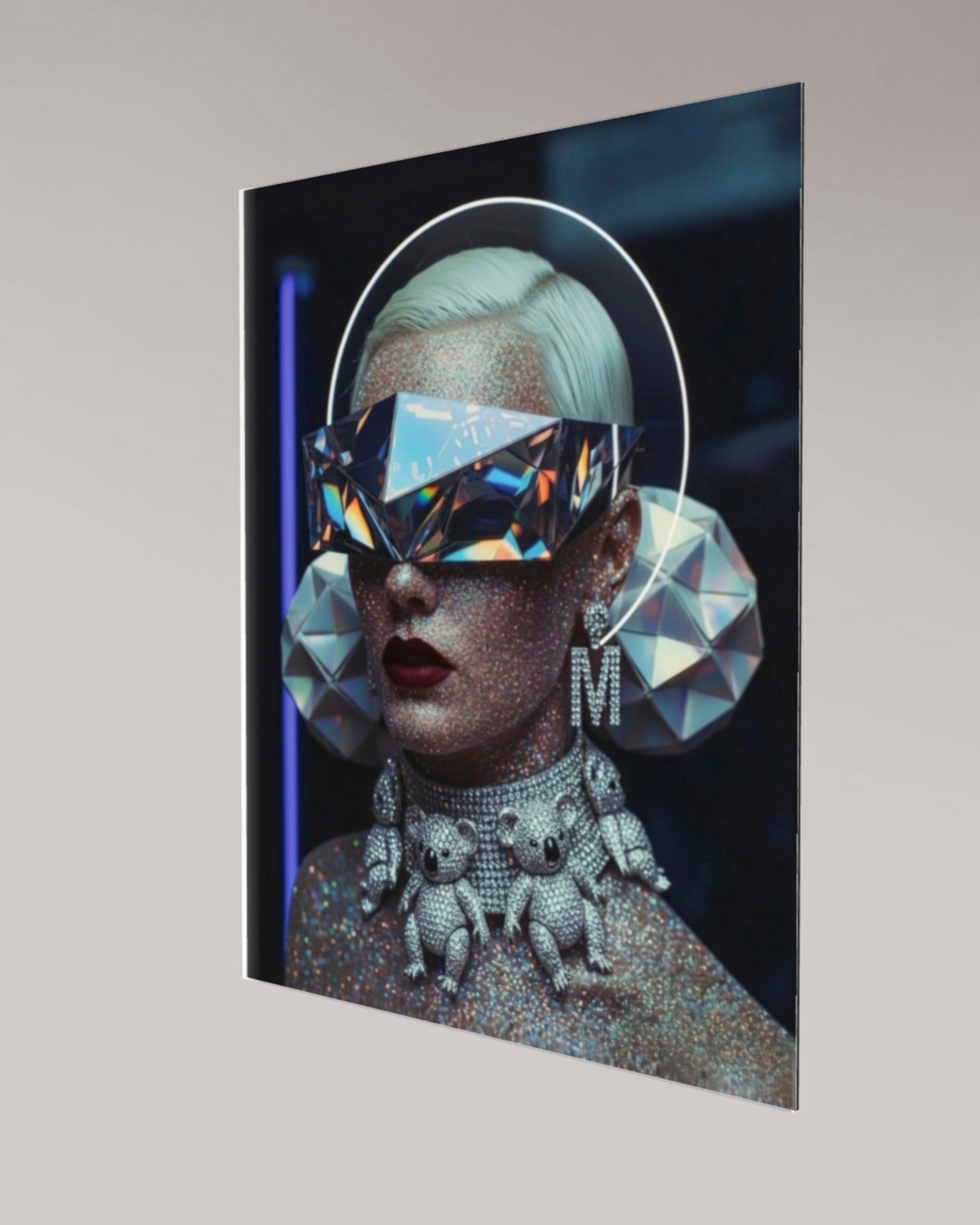 Angled side view of the MIzDragonfly 'Exposure' artwork showing the depth and structural surrealism of the crystalline geometries as they wrap around the human form