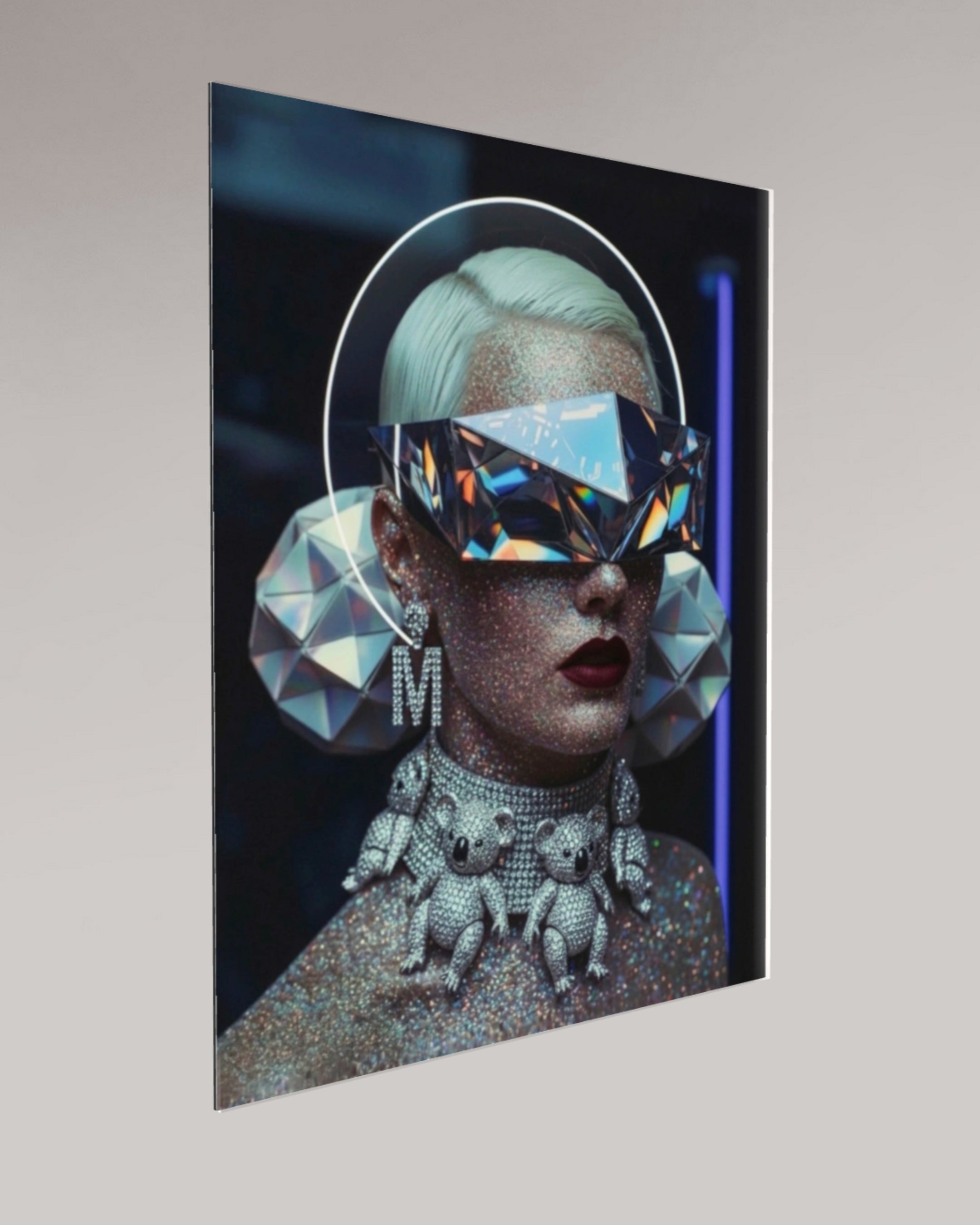 Secondary angled perspective of 'Exposure' illustrating the contrast between the dark background and the luminous, hyper-refractive 'prism' geometry
