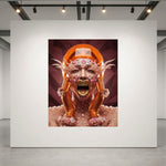 A surreal art print featuring an expressive face covering in heart share valentine text candy with metallic gold and pink details, mounted on a large white gallery wall in a modern studio space with track lighting.
