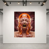 A surreal art print featuring an expressive face covering in heart share valentine text candy with metallic gold and pink details, mounted on a large white gallery wall in a modern studio space with track lighting.