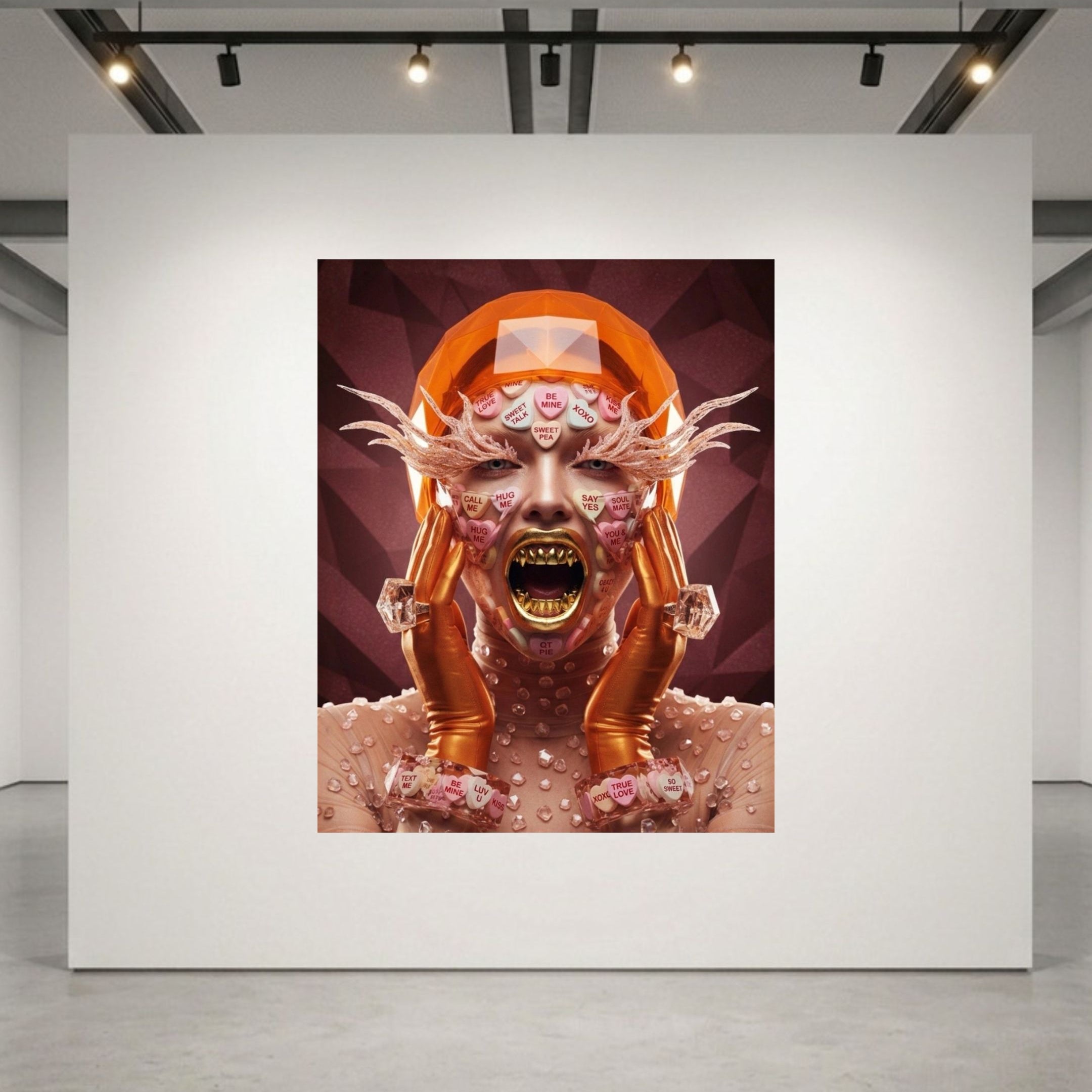 A surreal art print featuring an expressive face covering in heart share valentine text candy with metallic gold and pink details, mounted on a large white gallery wall in a modern studio space with track lighting.