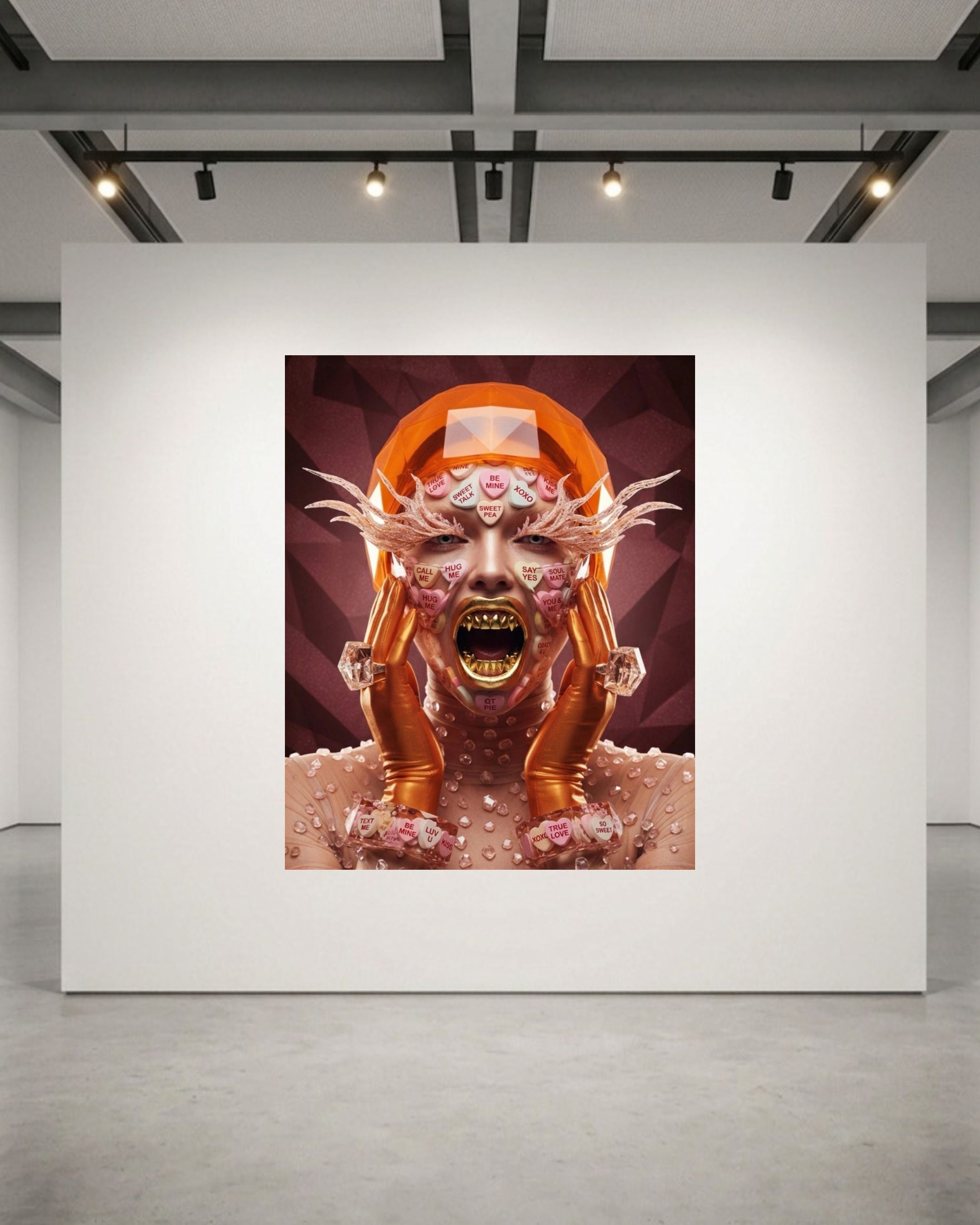 A surreal art print featuring an expressive face covering in heart share valentine text candy with metallic gold and pink details, mounted on a large white gallery wall in a modern studio space with track lighting.
