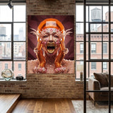 A large vertical wall art print featuring a surreal expressive face with a geometric headpiece, exaggerate sugar eyelash and covered with heart-shape valentine text candy and geometric jewelry with candy, displayed on a brick wall in a modern loft-style room with windows and a sofa.
