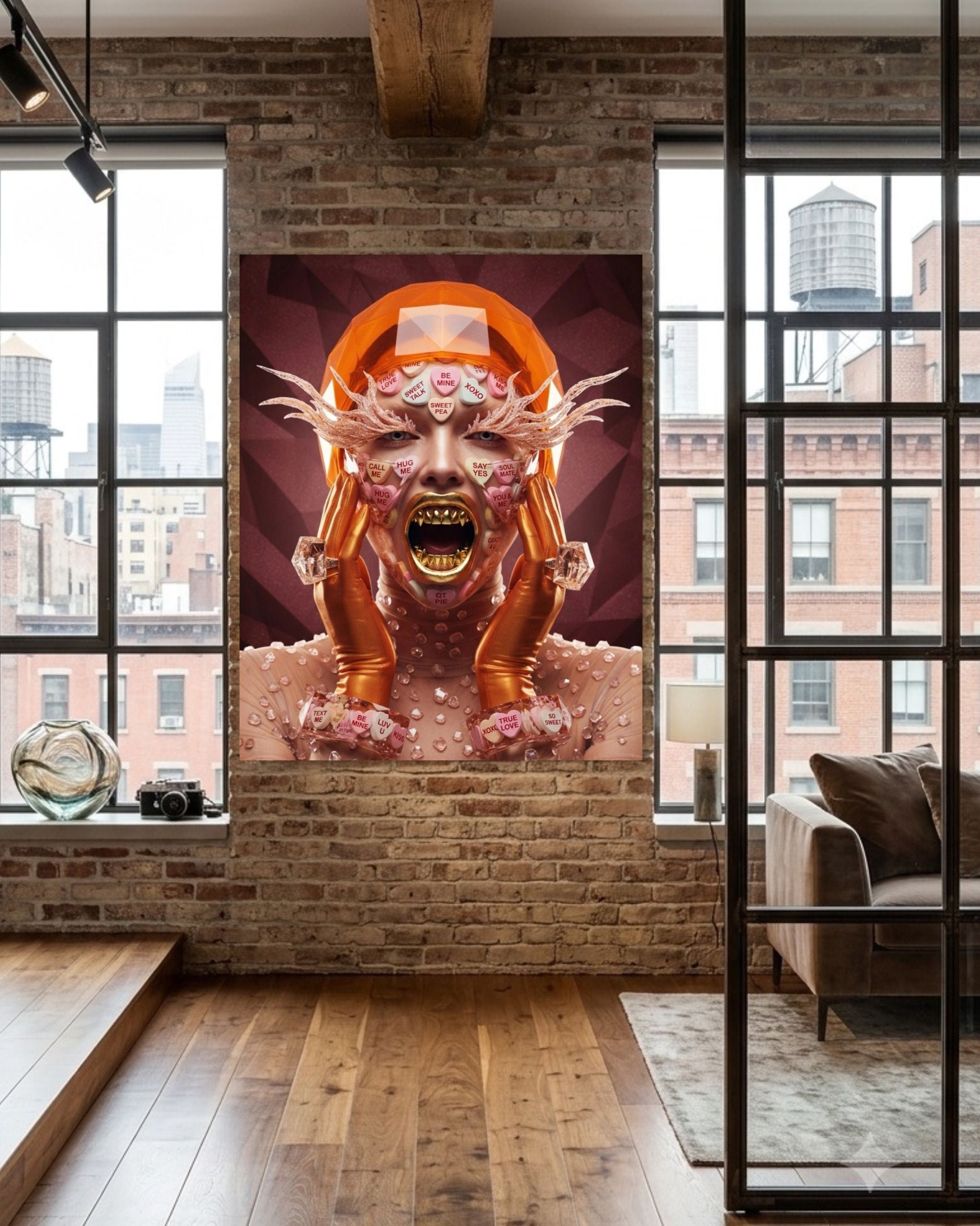 A large vertical wall art print featuring a surreal expressive face with a geometric headpiece, exaggerate sugar eyelash and covered with heart-shape valentine text candy and geometric jewelry with candy, displayed on a brick wall in a modern loft-style room with windows and a sofa.
