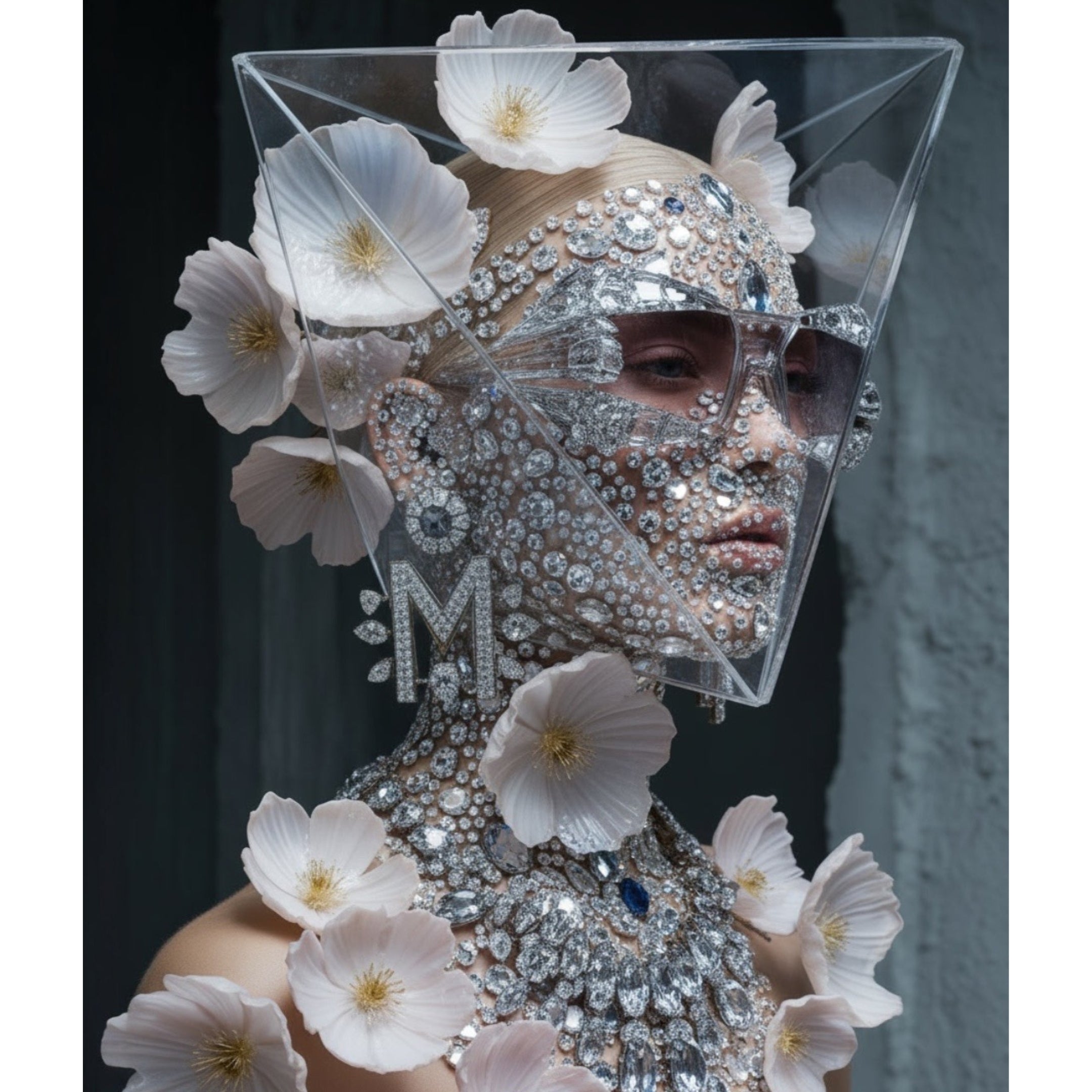 A surreal portrait of a model wearing an elaborate silver rhinestone face mask, smokey sunglasses. and matching embellished diamond collar necklace, decorated with delicate pink flowers, set against a dark grey background.