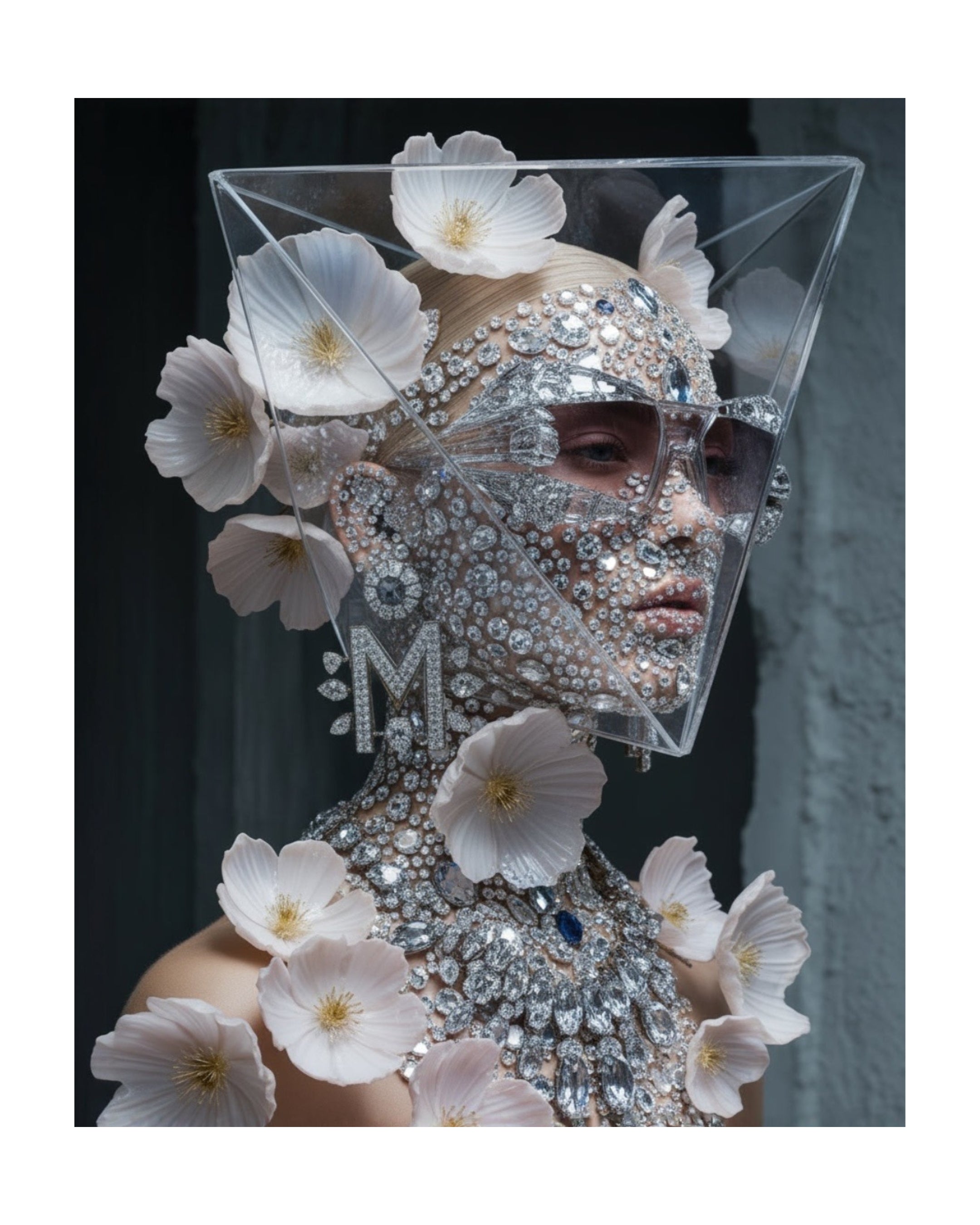 A surreal portrait of a model wearing an elaborate silver rhinestone face mask, smokey sunglasses. and matching embellished diamond collar necklace, decorated with delicate pink flowers, set against a dark grey background.