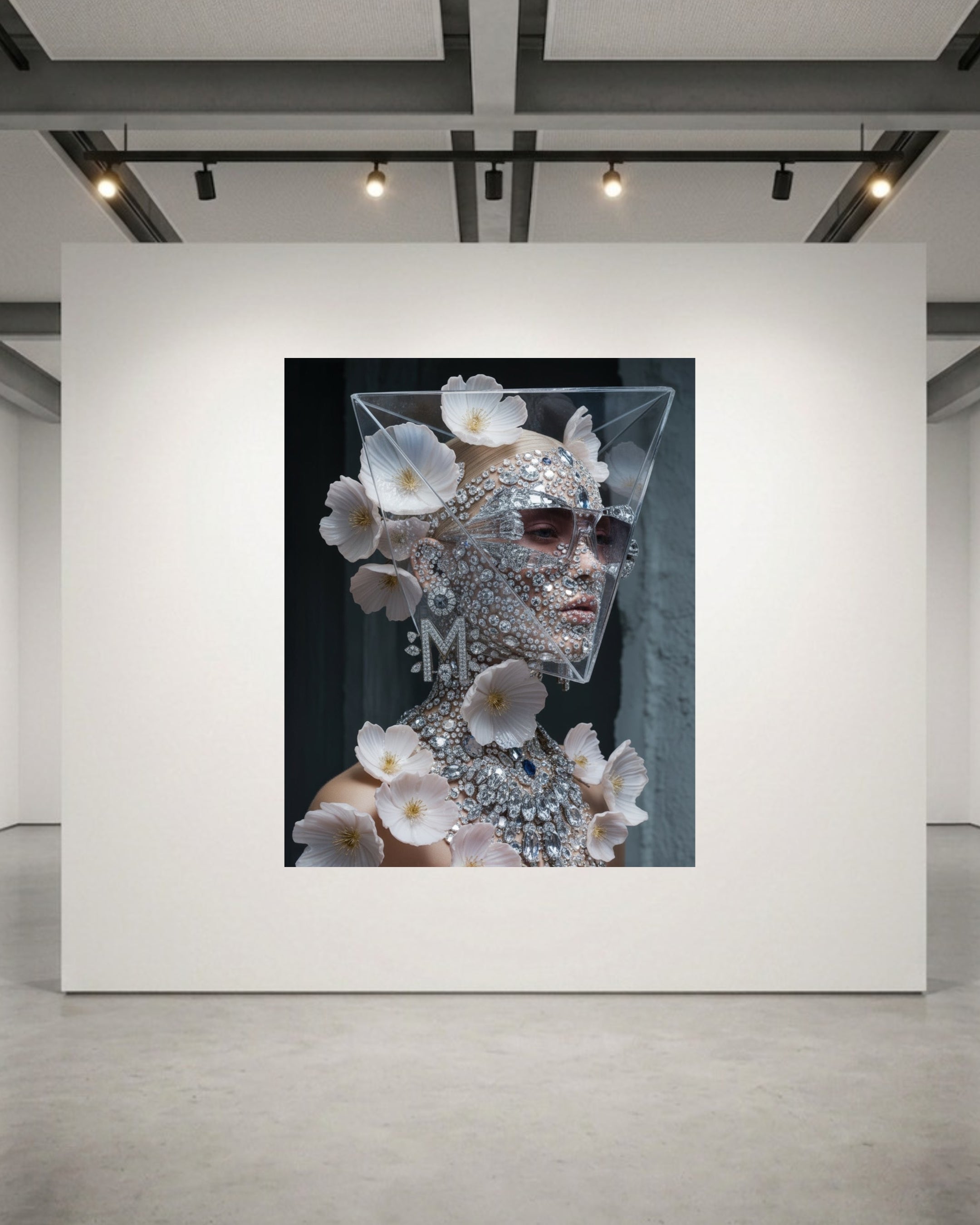 A surreal fashion portrait of a model with sleek platinum blonde hair, smokey sunglasses, diamond necklace and matching diamond face mask adorned with delicate pink flowers set against a dark background displayed on a large white gallery wall in a luxurious acrylic glass frame.