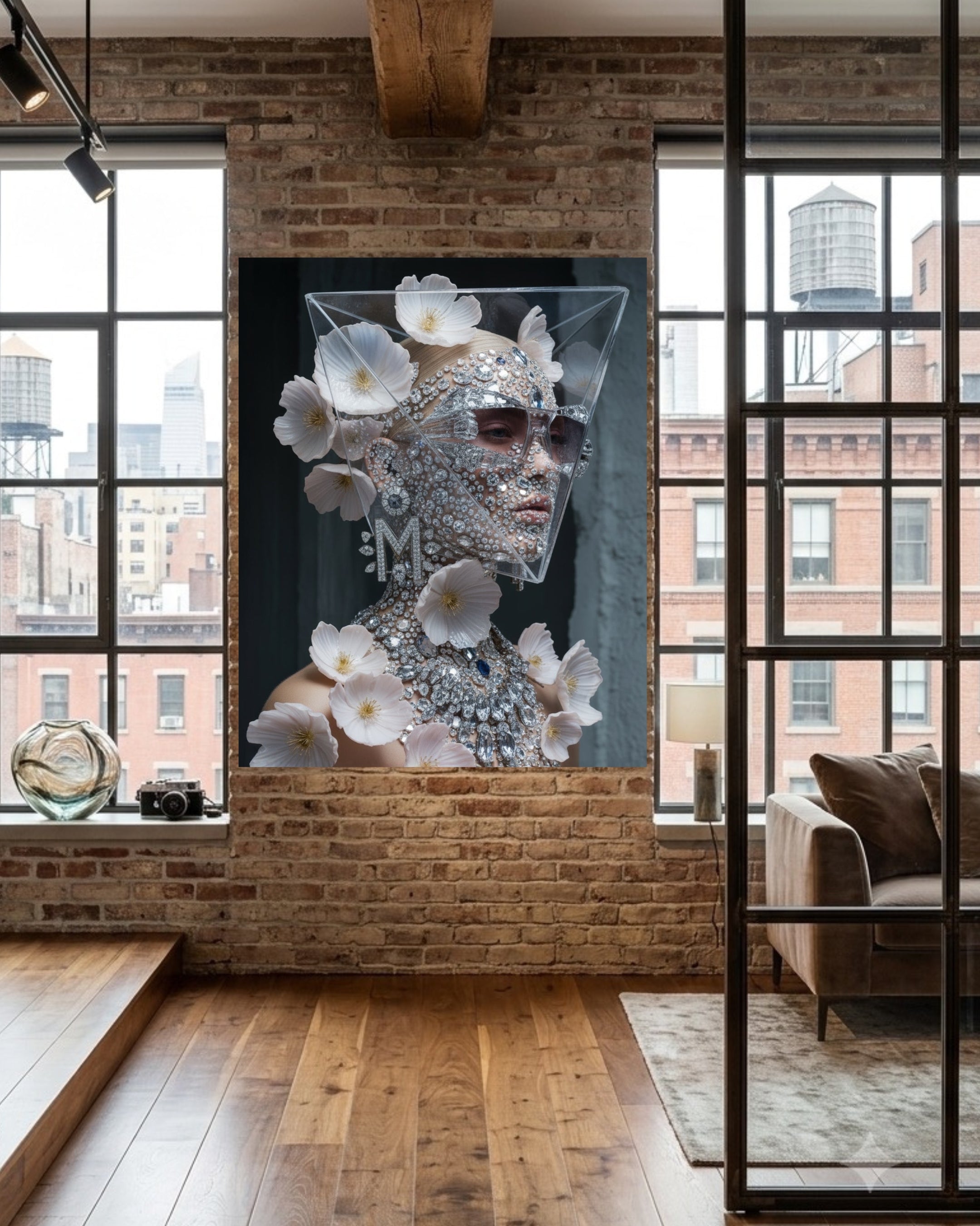 A large framed wall art print hangs on a brick wall in a loft-style room with wood floors and large windows. The artwork shows a woman's face and shoulders covered in delicate pink flowers and sparkling embellishment, wearing dark sunglasses under a clear plastic crystal triangular headpiece. 