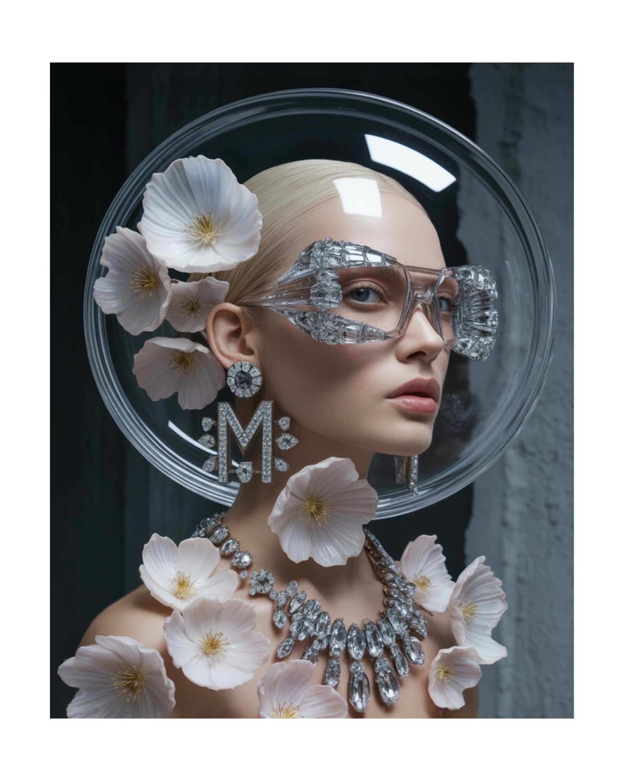 A fashion surreal portrait of a model with platinum blonde hair wearing oversized clear eyewear, diamond earrings with "M" monogram and matching diamond necklace. The model is adorned with pale pink crystal flowers with her head encapsulated with a transparent crystal class dome. The scene is set against a dark textured background. Artwork by MizDragonfly.