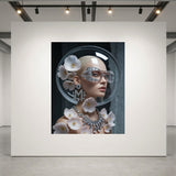 A large luxurious acrylic glass framed surreal portrait of a stylized woman displayed on a white gallery wall. The model has sleek platinum blonde hair and is wearing oversized clear eyewear, diamond earrings with "M" monogram and matching diamond necklace. The model is adorned with pale pink crystal flowers on her neck and body and her head is circled by a transparent crystal class dome. The scene is set against a dark textured background. 