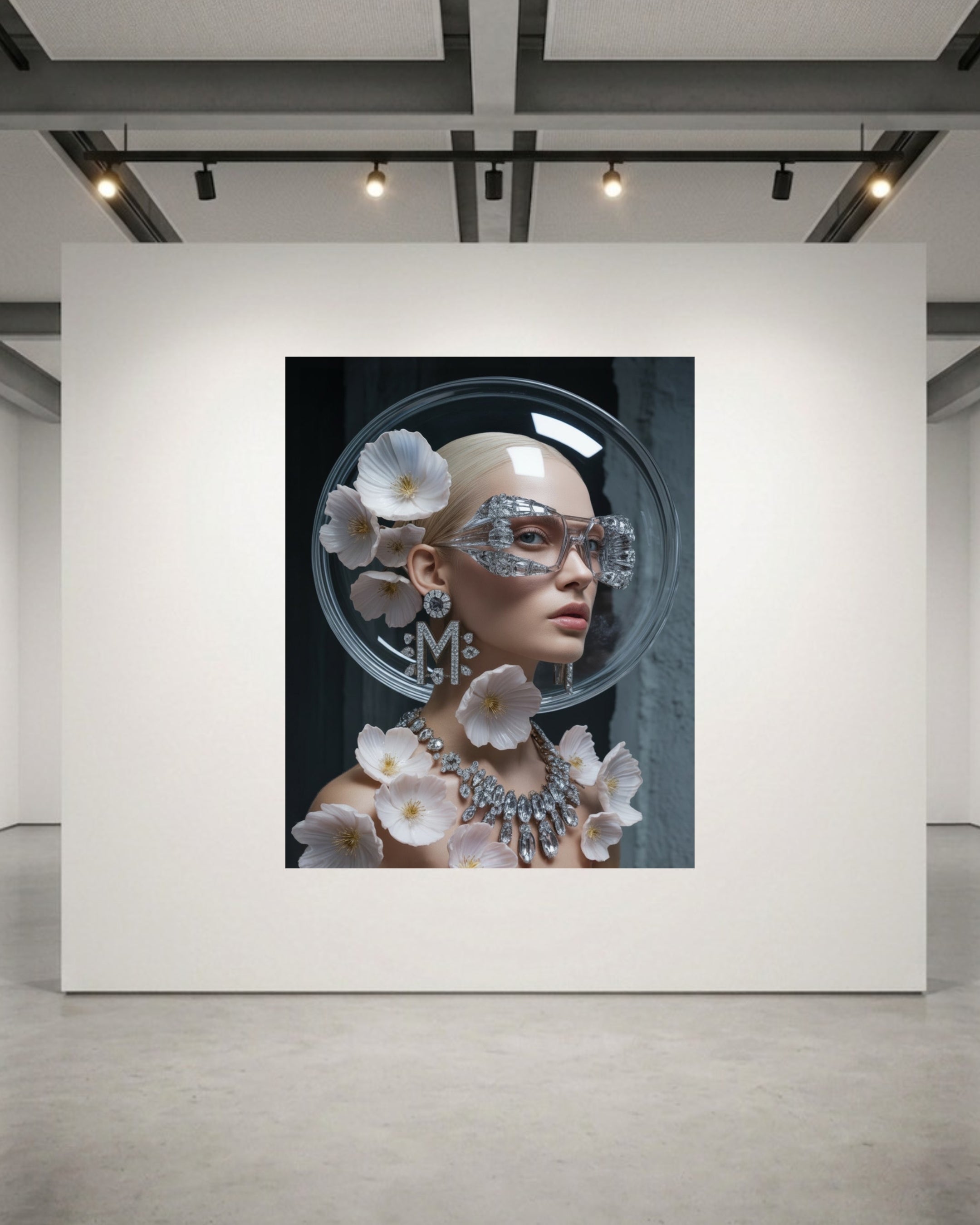 A large luxurious acrylic glass framed surreal portrait of a stylized woman displayed on a white gallery wall. The model has sleek platinum blonde hair and is wearing oversized clear eyewear, diamond earrings with "M" monogram and matching diamond necklace. The model is adorned with pale pink crystal flowers on her neck and body and her head is circled by a transparent crystal class dome. The scene is set against a dark textured background. 