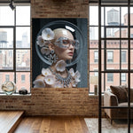 A large framed wall art print depicting a stylized woman with a oversized crystal sunglasses, diamond necklace and earrings with "M" monogram displayed on a brick wall in a modern loft-style room with wood floors and windows.